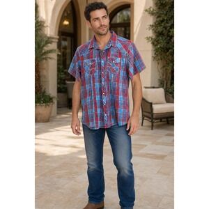 BKE Vintage Western Shirt Men's XL Red Blue Acid Wash Plaid Pearl Snap Cowboy